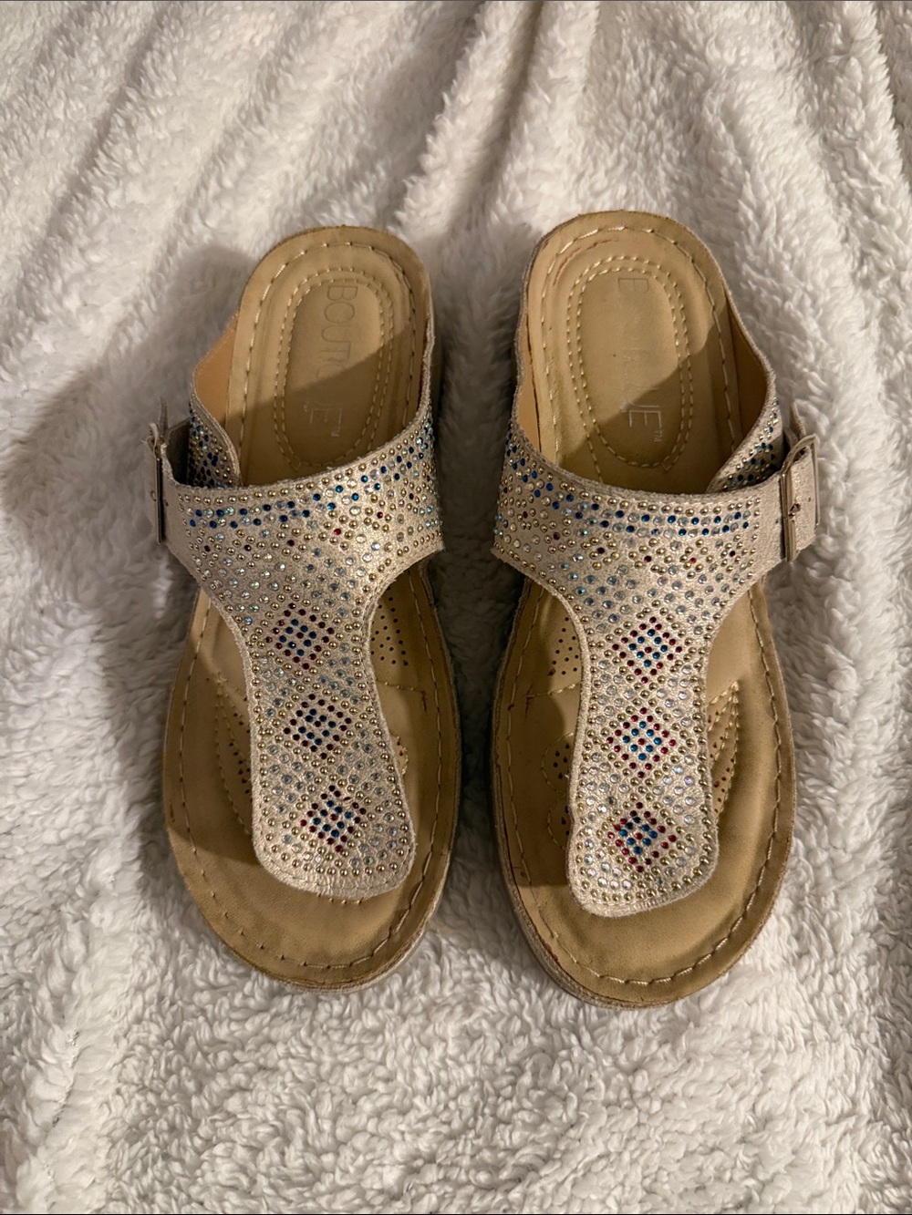 Beginning Boutique Taupe/Tan Rhinestone T-Strap Sandals